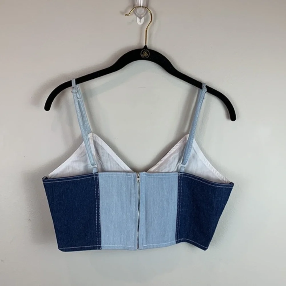 Color Block Patchwork Denim Crop Top - Picture 7 of 8